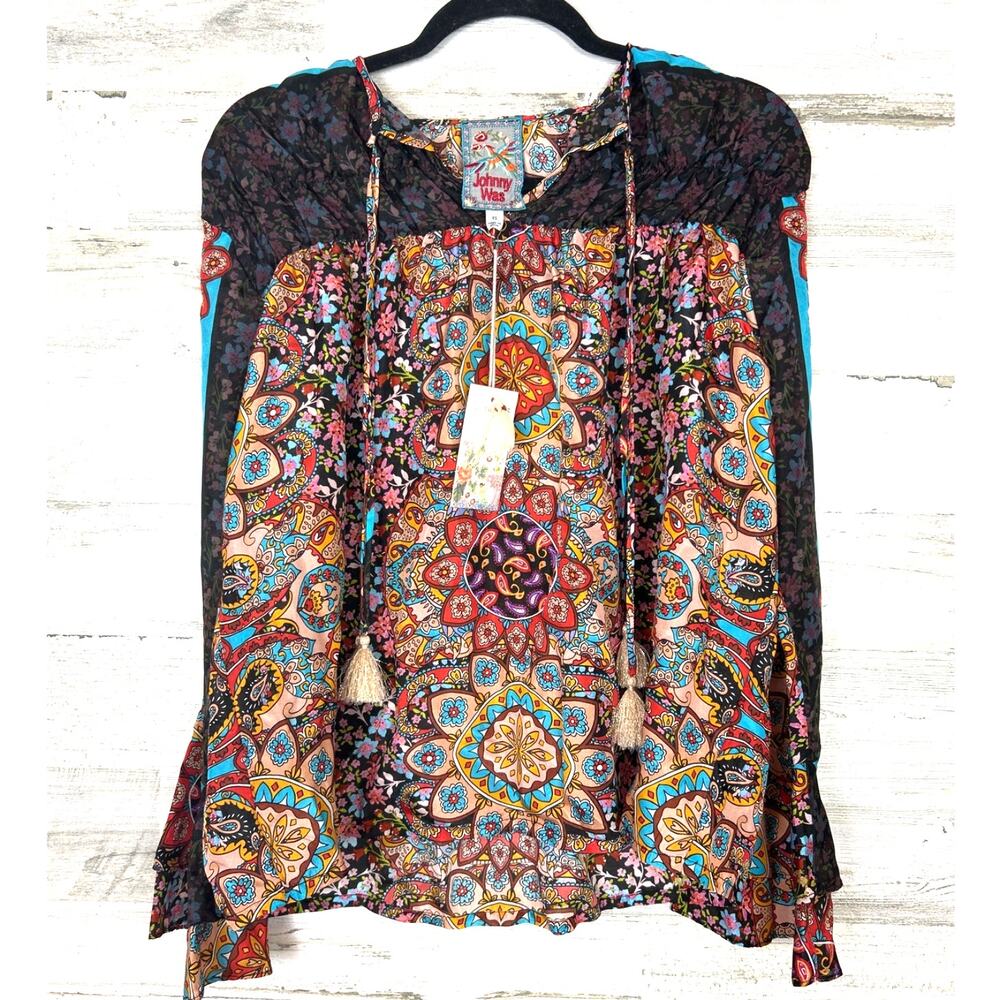 Johnny Was Vibrant Mandala Margot 100 % Silk Blouse XS Boho Flutter Top NWT - Picture 1 of 8